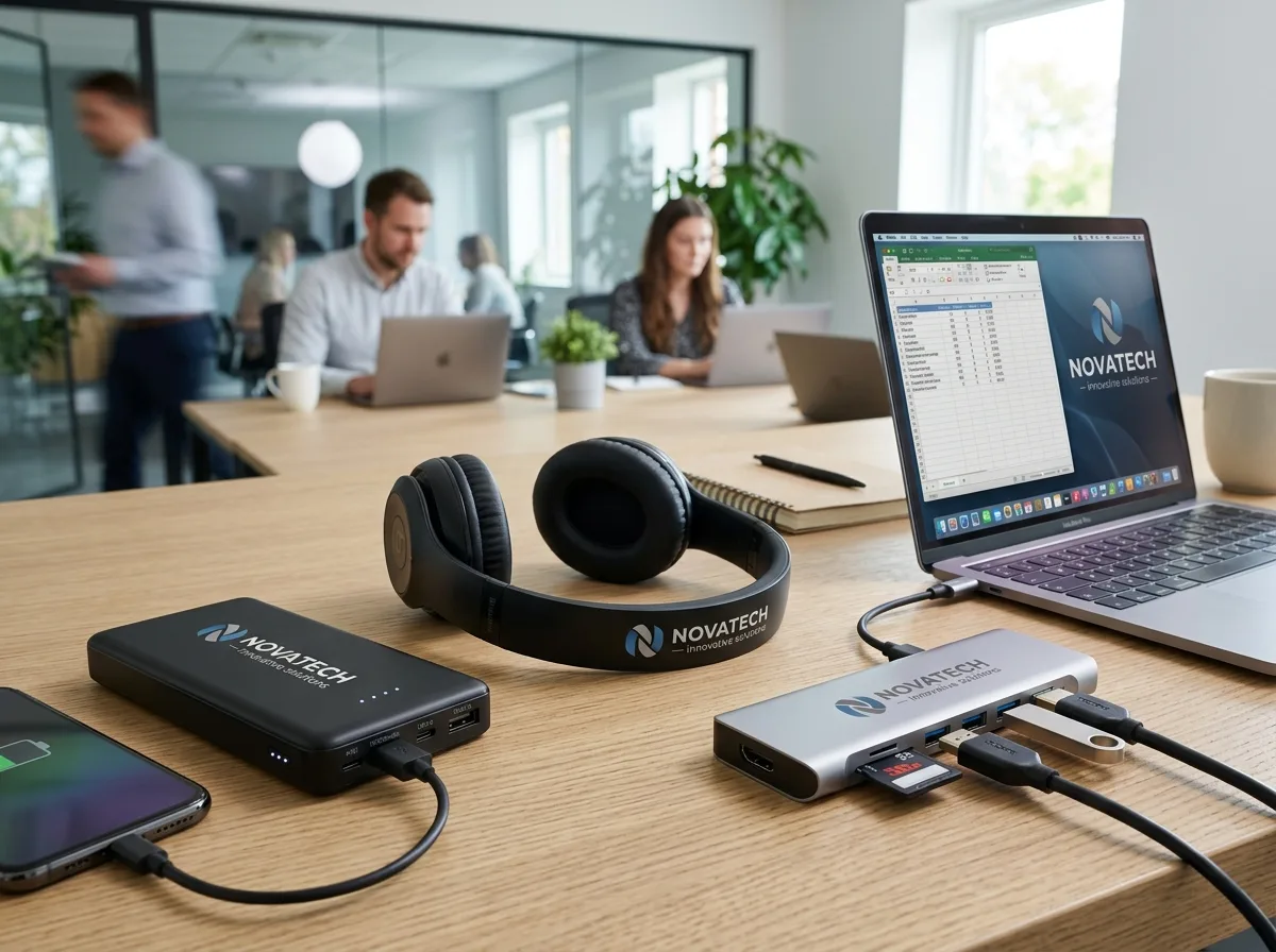 Электроника с логотипом: внешние аккумуляторы, беспроводные наушники и USB-хабы с нанесением логотипа компании