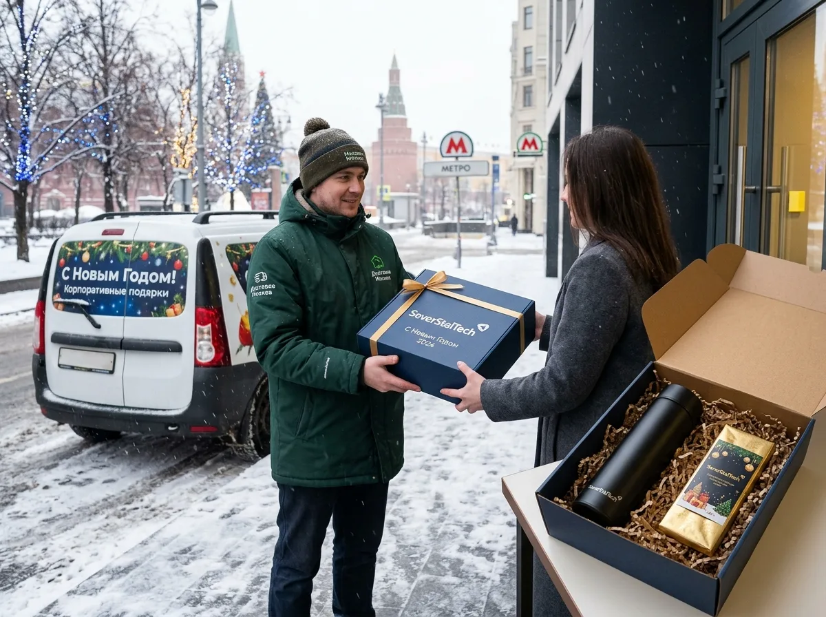 Новогодние корпоративные подарки: наборы с термосом и шоколадом в подарочной коробке с логотипом, доставка по Москве