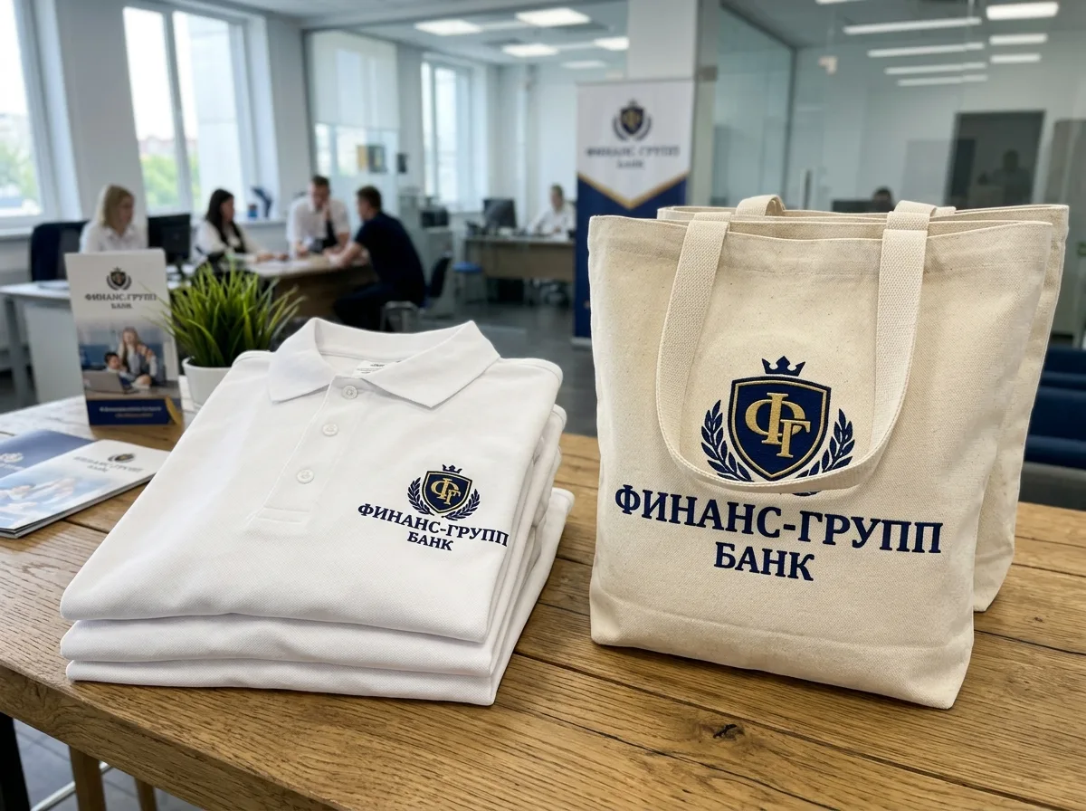 Корпоративный текстиль для банка: белые рубашки поло и сумки-шоперы с вышитым логотипом банка